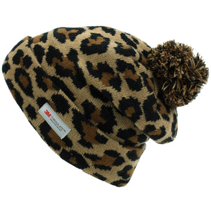 Beanie-Mütze mit Leopardenmuster und Bommel – Braun