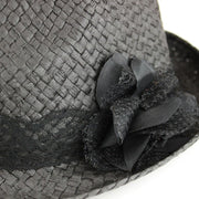 Straw paper trilby hat with lace band and flower corsage - Black