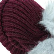 Chunky Knit Beanie Hat with Two Faux Fur Bobbles - Dark Red