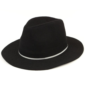 Wool fedora hat with flat brim and skinny contrast band - Black (57cm)
