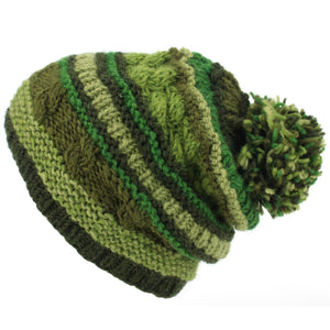 Bonnet à pompon en laine - rayure vert