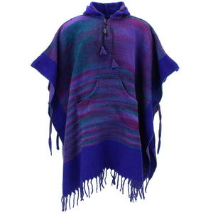 Blød vegansk uld hætte tibet poncho - mørk lilla blå