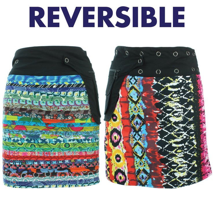 Reversible Popper Wrap Knee Length Skirt - Multi Patch Strips / Psychedelic Snakeskin
