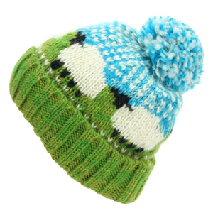 Bonnet à pompon en laine tricoté à la main - mouton - bleu ciel vert
