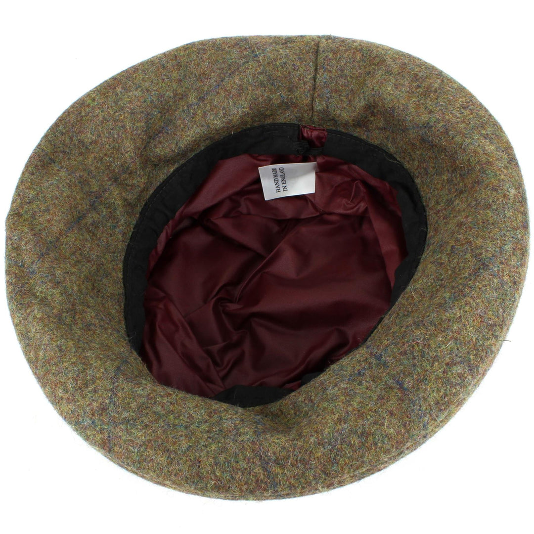 Ladies Waterproof Wax Cloche Hat with Tweed Rose and Brim - Green (Dark Green Tweed)