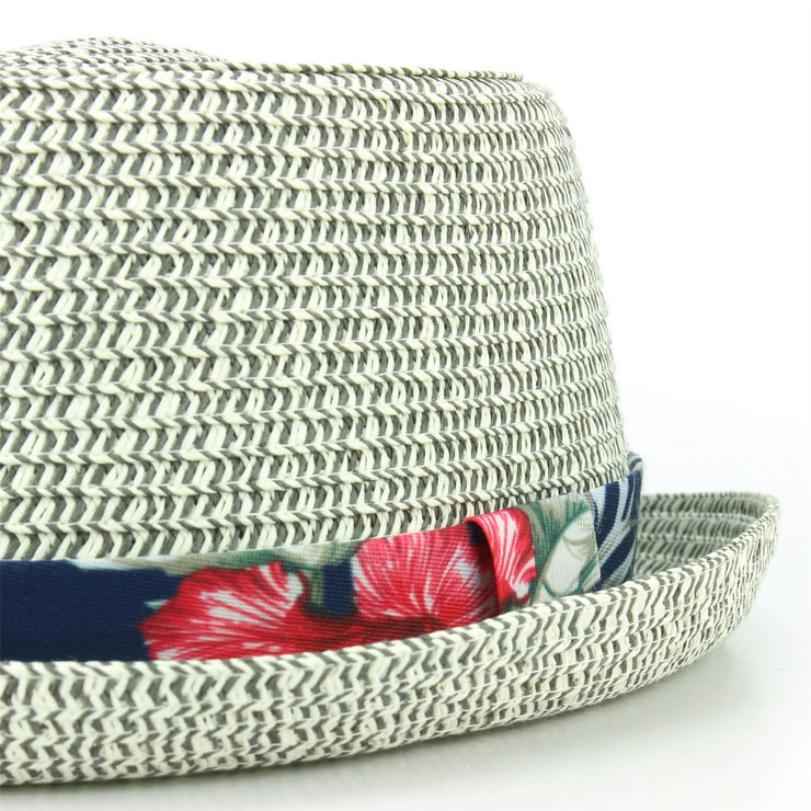 Straw Porkpie Hat with Hawaiian Floral Band - Grey