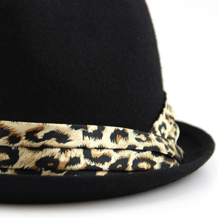 Women's felt rolled brim trilby hat with satin leopard print band - Black (57cm)