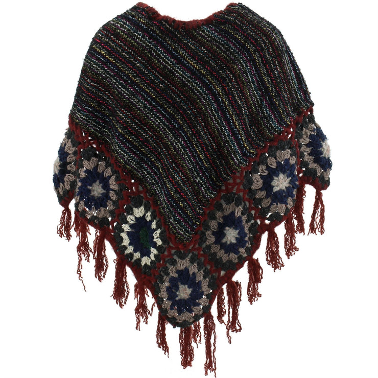Granny Squares Crochet Poncho Short - Black Multi/Maroon