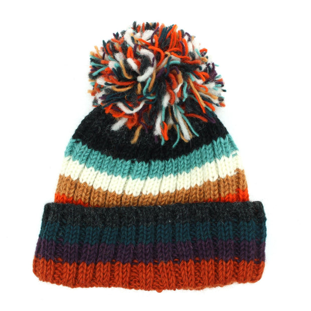 Hand Knitted Wool Beanie Bobble Hat - Stripe Anu