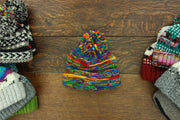 Hand Knitted Wool Beanie Bobble Hat - SD Black Rainbow