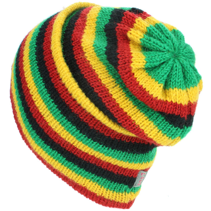 Wool Knit Ridge Beanie Hat with Fleece Lining - Rasta