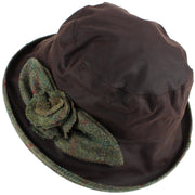 Ladies Waterproof Wax Cloche Hat with Tweed Rose and Brim - Brown (Dark Green Tweed)