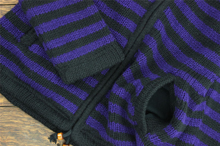 Hand Knitted Wool Hooded Jacket Cardigan Ladies Cut - Stripe Purple Black