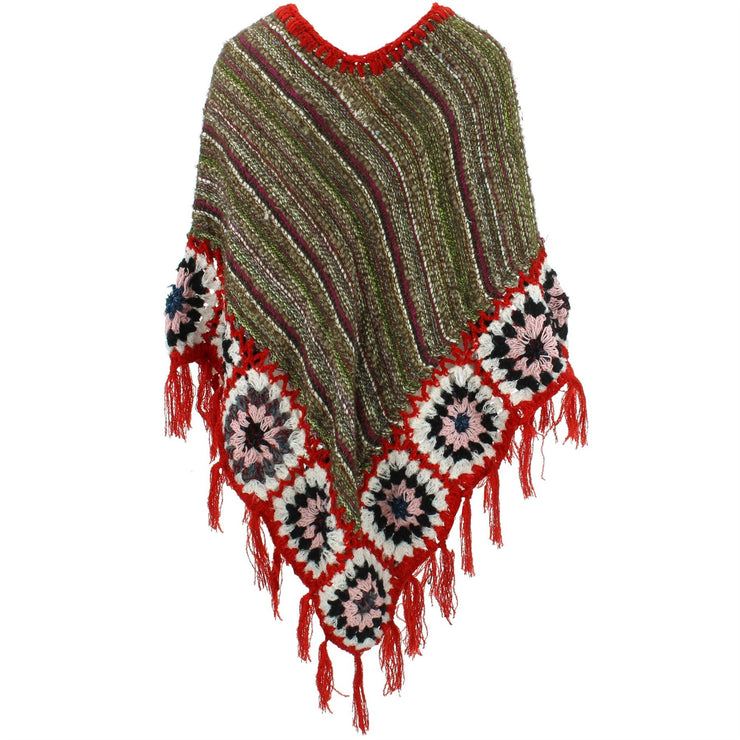 Granny Squares Crochet Poncho Long - Black Multi/Red