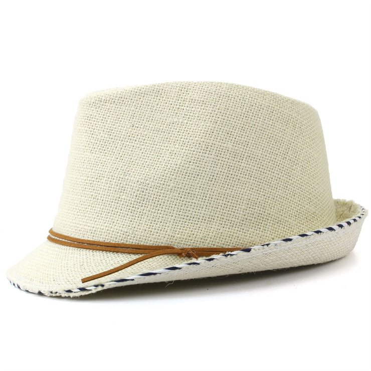 Hessian Cotton Trilby Fedora Hat with Leather Band - Off White