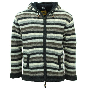 Cardigan veste à capuche en laine tricotée à la main - rayure naturelle