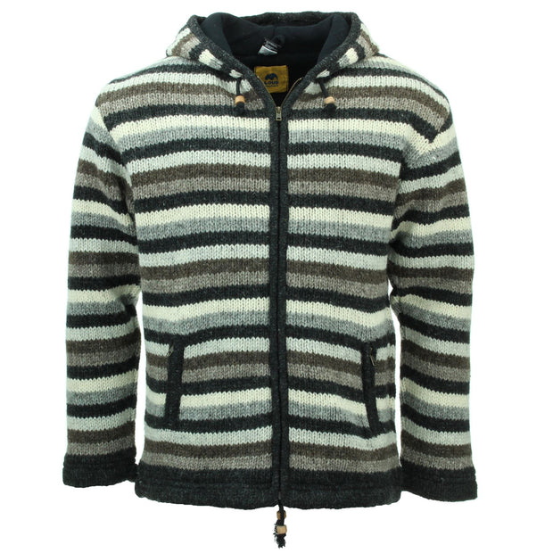 Hand Knitted Wool Hooded Jacket Cardigan - Stripe Natural