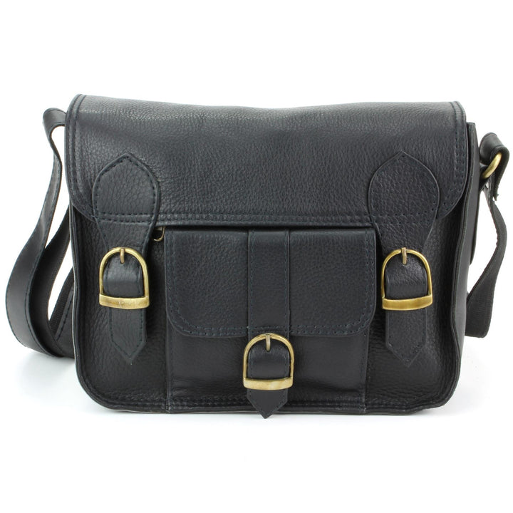 Real Leather Satchel with Front Pocket - Black
