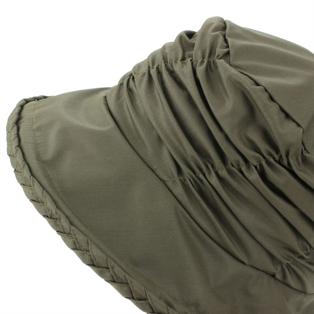 Ladies Water Resistant Wax Cloche Hat with Ruched Crown and Tartan Check Lining - Green