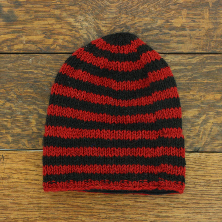 Wool Knit Baggy Slouch Beanie Hat - Stripe Red Black