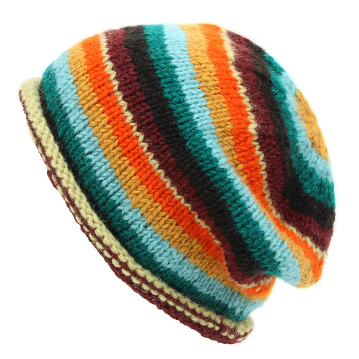 Hand Knitted Wool Beanie Hat - Stripe Retro D