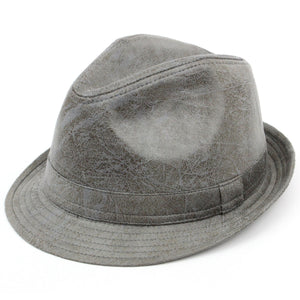 Vintage effekt knækket læder trilby hat - Grå