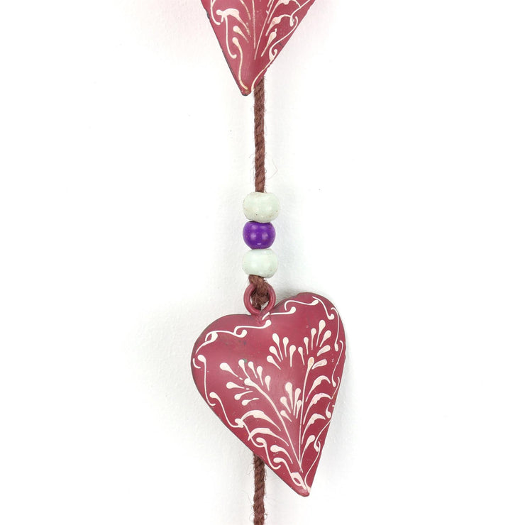 Hanging Mobile Decoration String of Hearts - Pink - Brown String