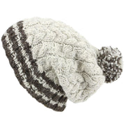 Chunky Wool Cable Knit Big Baggy Slouch Beanie Bobble Hat with Striped Brim - Off White