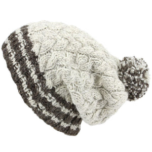 Big Baggy Slouch Beanie-Mütze aus grober Wolle mit Zopfmuster und gestreifter Krempe – gebrochenes Weiß