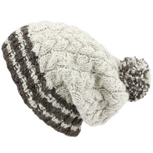 Bonnet à pompon en grosse laine torsadée Big Baggy Slouch avec bord rayé - Blanc cassé