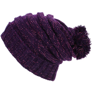 Bonnet à pompon en tricot acrylique baggy beanie - violet