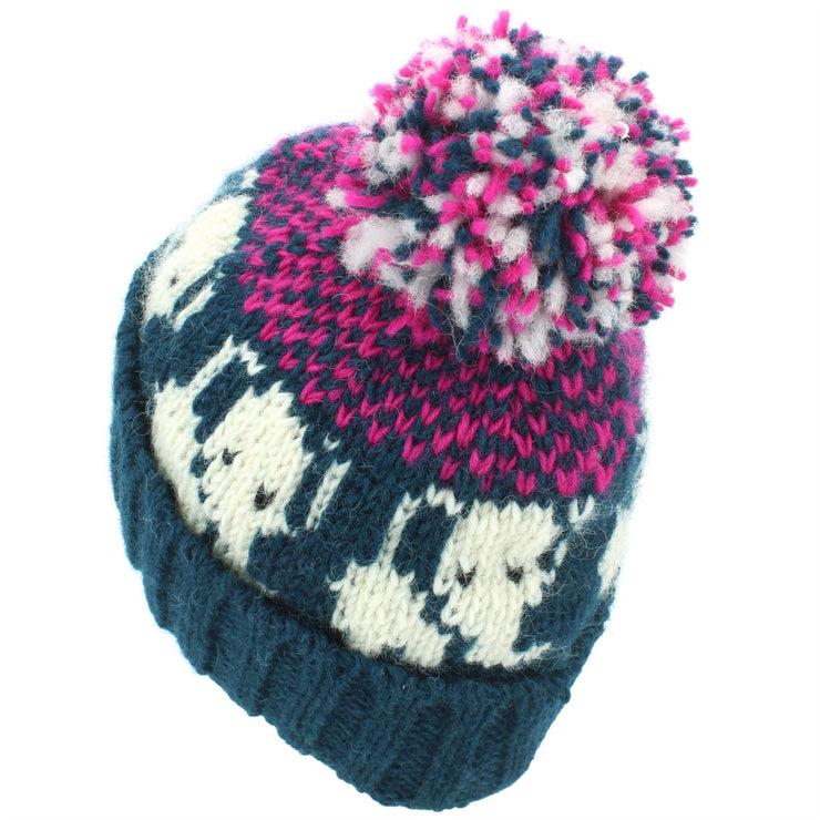 Wool Knit Bobble Beanie Hat - Elephant - Teal Pink