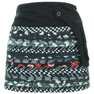 Mini jupe portefeuille popper réversible - bandes patch noires / kaléidoscope