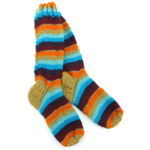 Håndstrikkede lange sokker i uld - stribet retro c