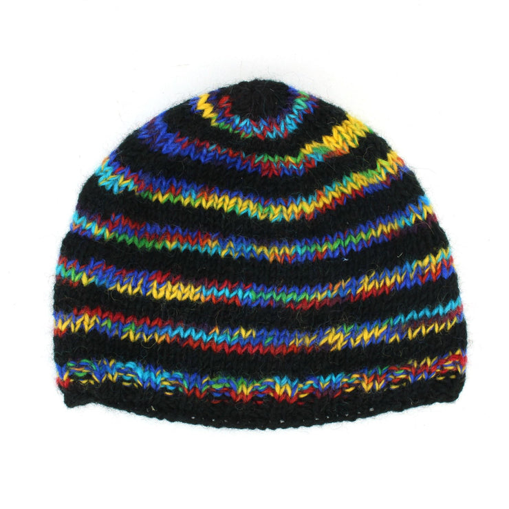 Wool Knit Beanie Hat - Stripe Black Rainbow SD