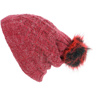 Knitted Slouch Bobble Beanie Hat with Super Soft Fleece Lining - Red