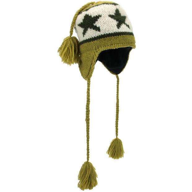 Wool Knit Earflap Tassel Hat - Star Mustard