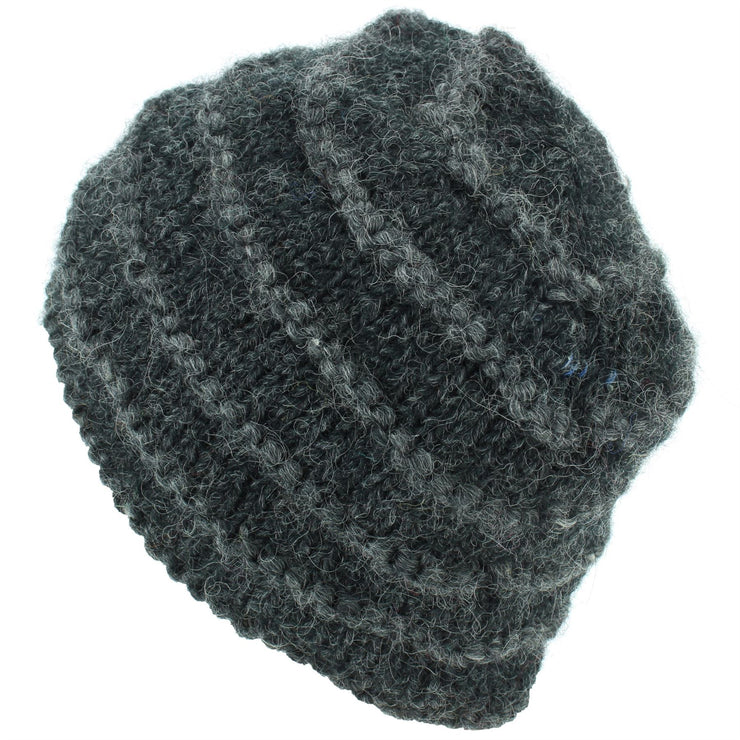 Chunky Ribbed Wool Knit Beanie Hat with Space Dye Design - Charcoal