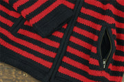 Hand Knitted Wool Hooded Jacket Cardigan - Stripe Red Black