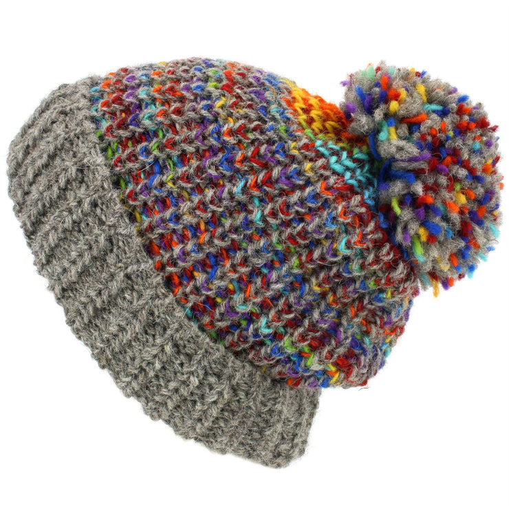 Wool Knit Beanie Bobble Hat - Grey Rainbow