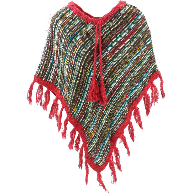 Stripe Crochet Poncho Short - Multi/Red