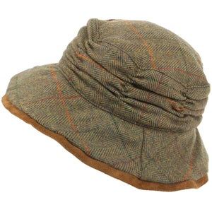 Ladies Wool Tweed Herringbone Cloche Hat - Light Brown