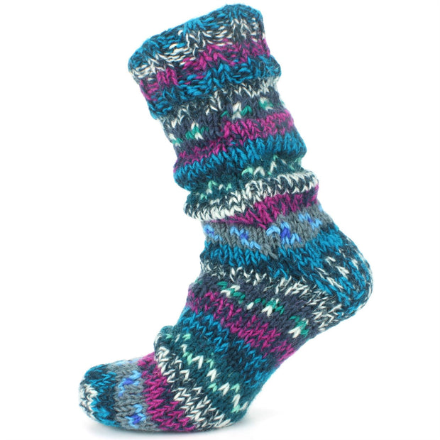 Chunky Wool Knit Abstract Pattern Fleece Lined Socks - 17 Blue