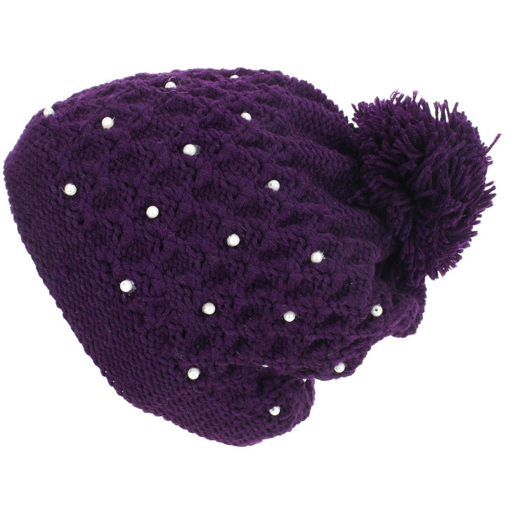 Pearl Lattice Bobble Beanie Hat - Purple