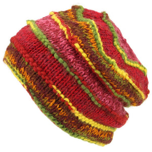 Bonnet en tricot de laine côtelé épais avec motif de teinture spatiale - Rouge