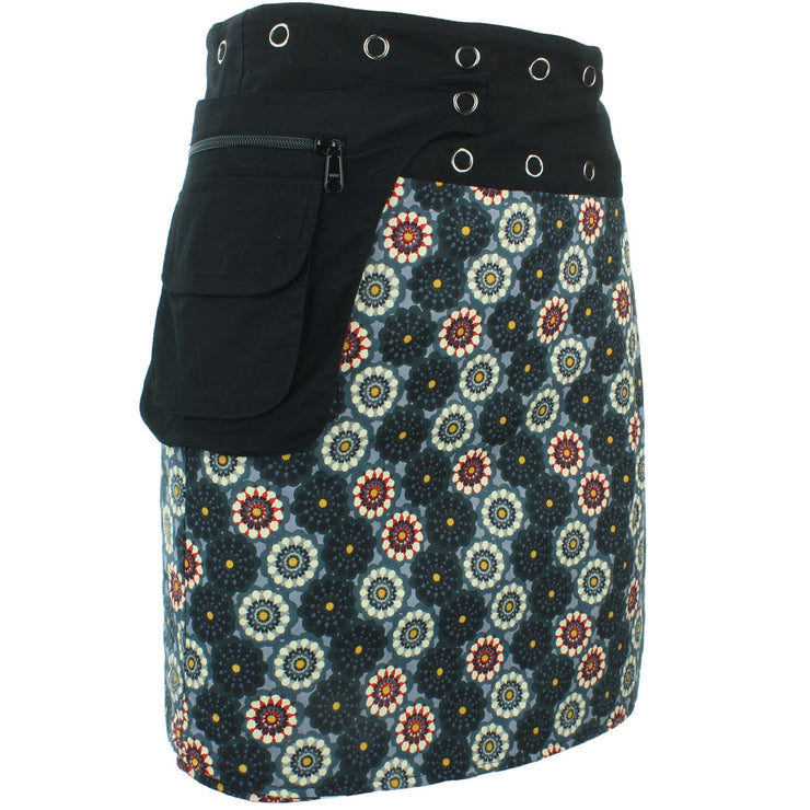 Reversible Popper Wrap Knee Length Skirt - Black Patch Strips / Kaleidoscope