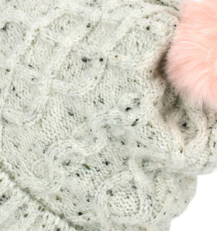 Ribbed Cable Knit Bobble Beanie Hat - Mottled White