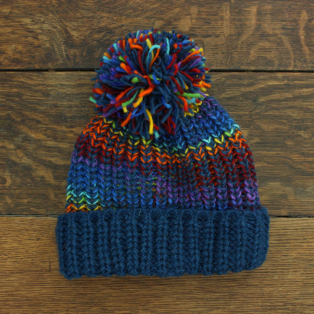 Wool Knit Beanie Bobble Hat - Blue Rainbow