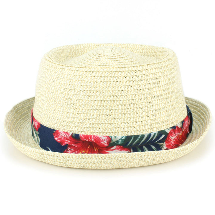 Straw Porkpie Hat with Hawaiian Floral Band - White