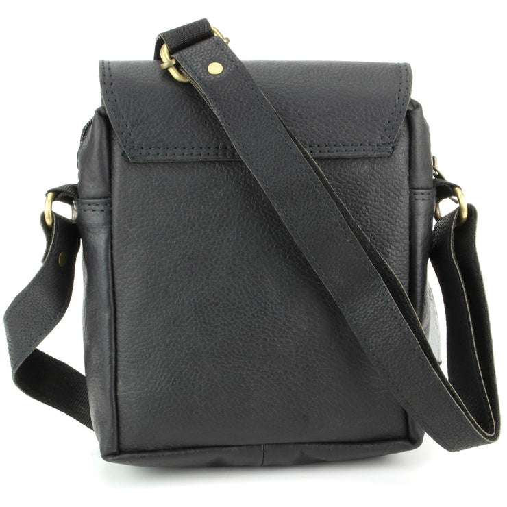 Real Leather Shoulder Bag with Front Zip - Black